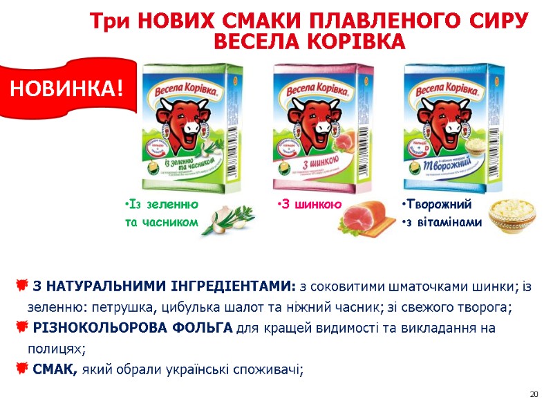 Три НОВИХ СМАКИ ПЛАВЛЕНОГО СИРУ ВЕСЕЛА КОРІВКА 20  З НАТУРАЛЬНИМИ ІНГРЕДІЕНТАМИ: з соковитими